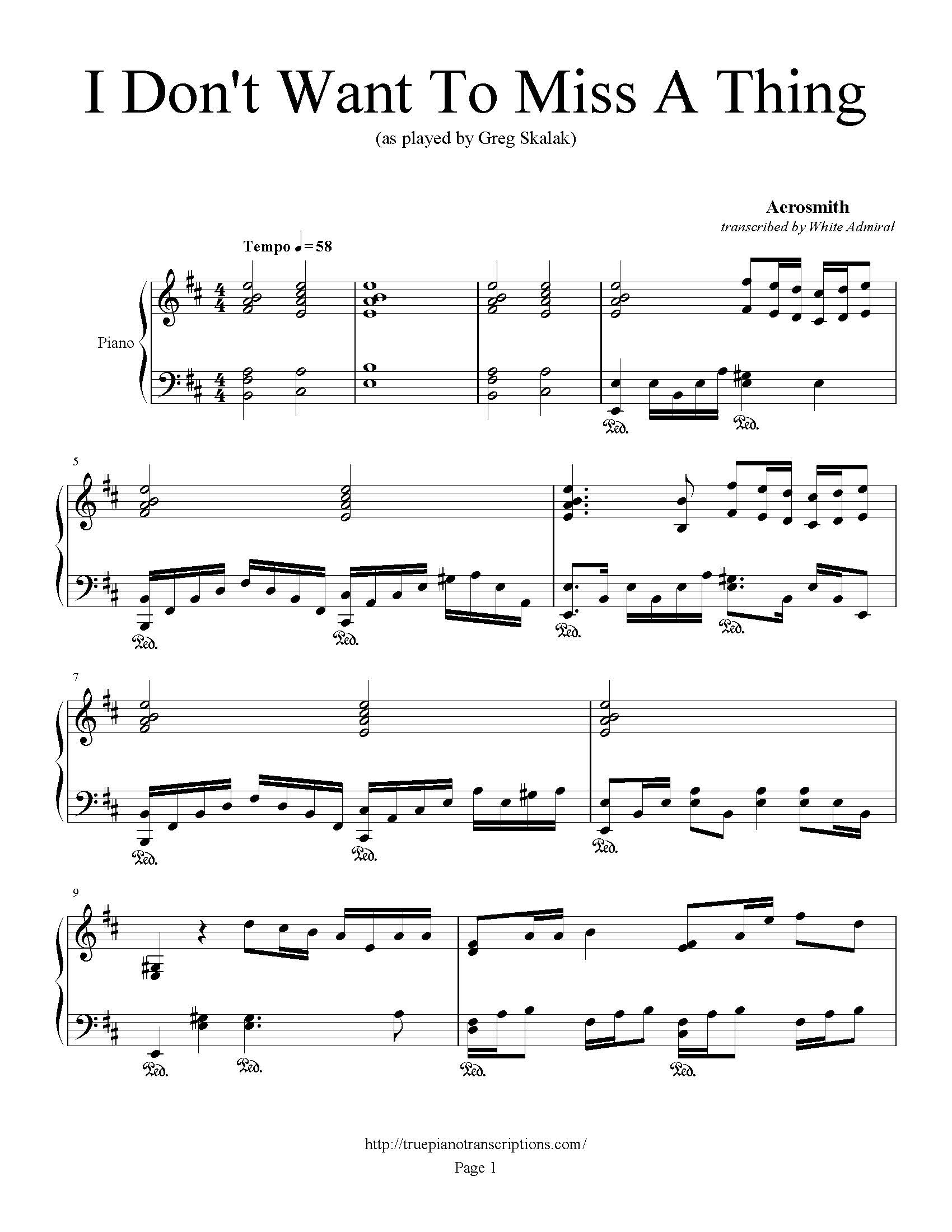 Free sheet music aerosmith i don't want to miss a thing