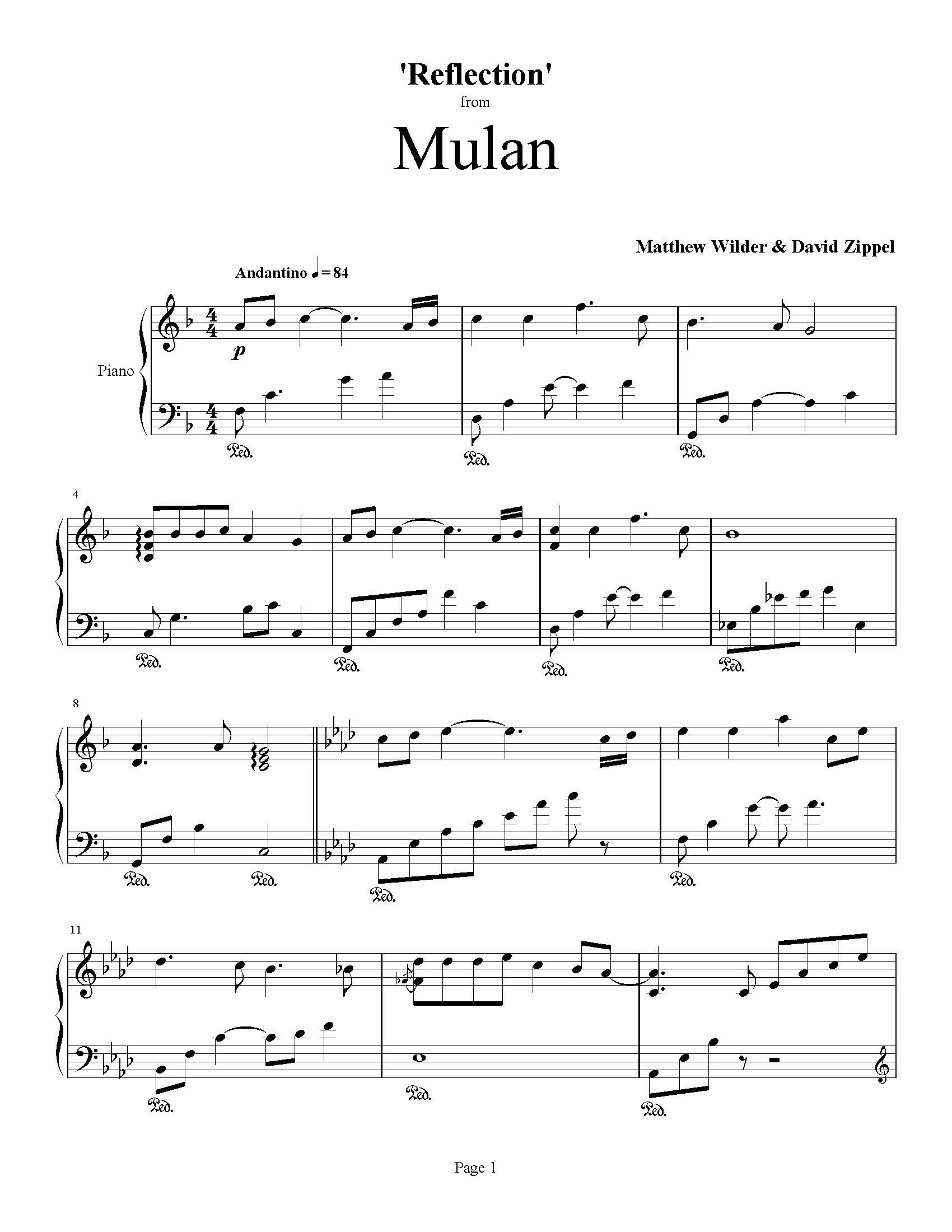 piano sheet music reflection mulan